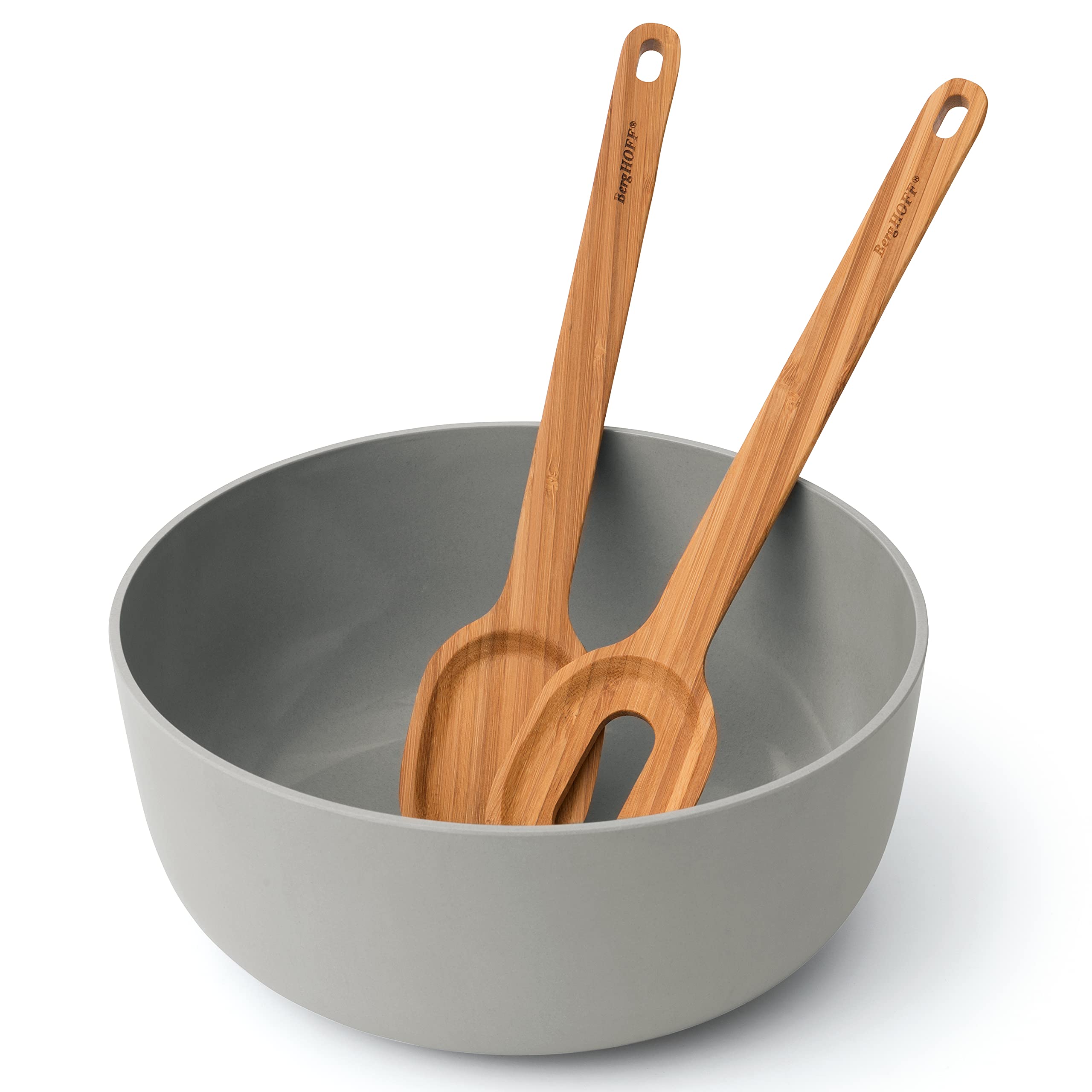 BergHOFF Leo 24cm Bamboo Salad Bowl and Silicone Servers, 3 Piece Set, 24 x 30 x 6 cm, Grey