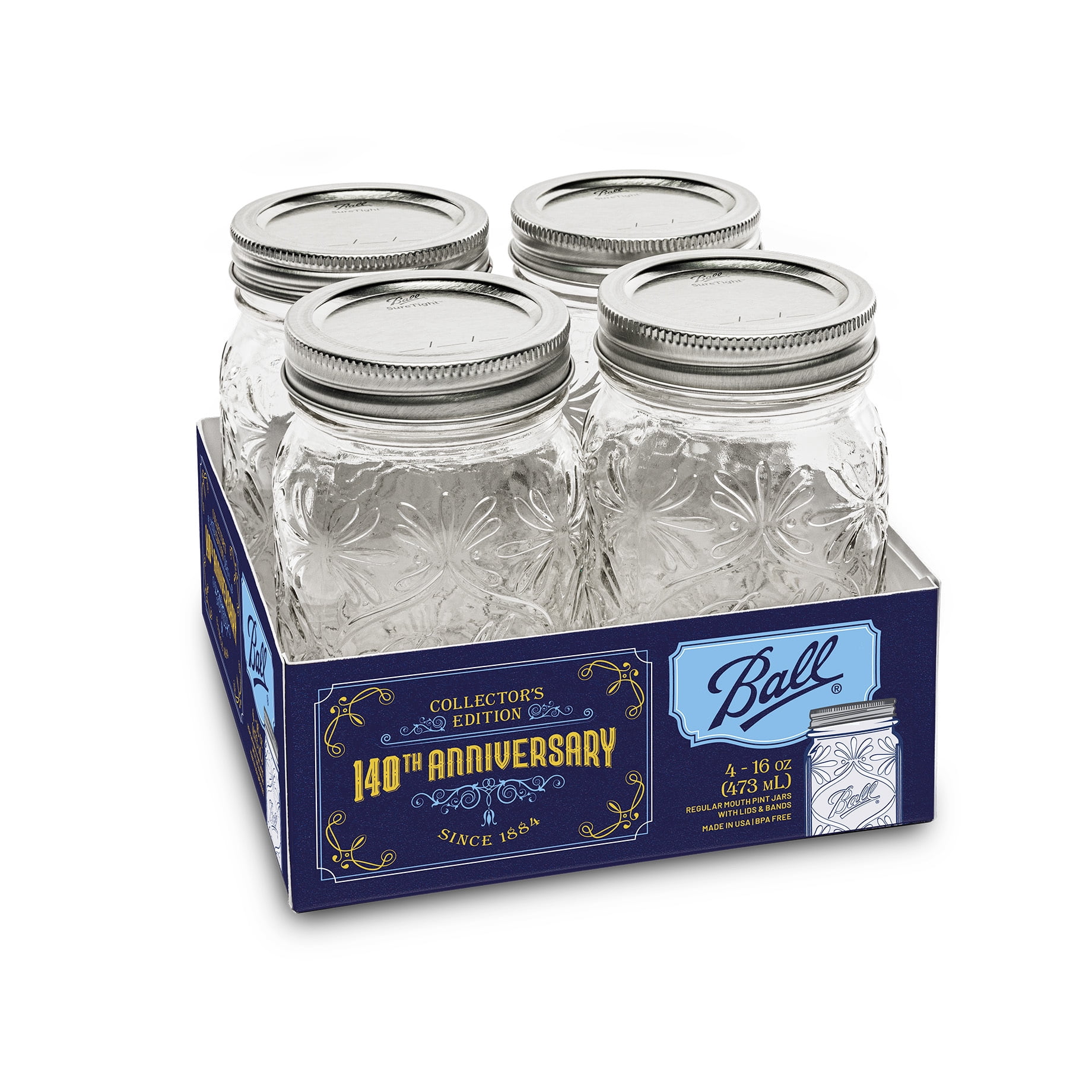 Ball 4pk Regular Mouth 16oz Pint 140th Anniversary Keepsake Jars