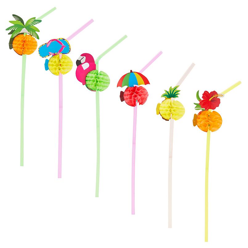 100 Pack Tropical Hawaiian Straws for Cocktails and Margaritas, Luau and Summer Beach Party Supplies (6 Designs)