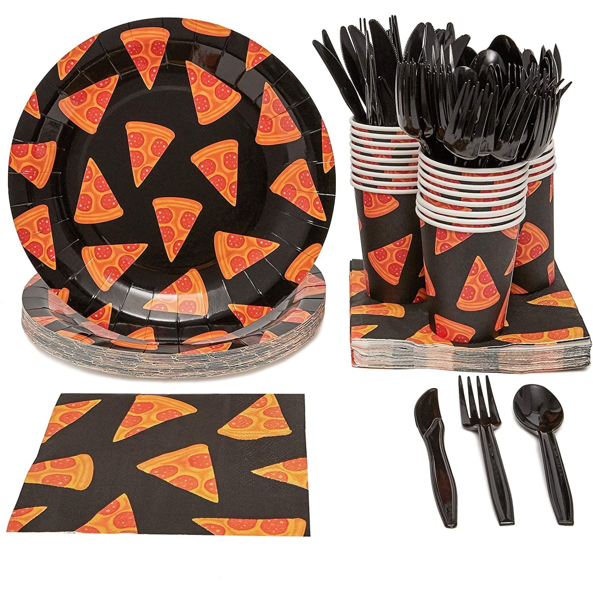 144 Pieces Pizza Party Supplies Pack Decorations, Dinnerware Set with Plates, Napkins, Cups, and Cutlery (Serves 24)