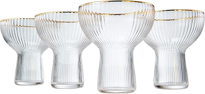 Ribbed Stemless Margarita, Martini & Champagne Glasses with Gold Rim - Set of 4 - Hand Blown Cocktail Luxury Coupe – Large Party, Elegant Ripple Design, Gilded, Premium Hand Blown Glassware (10 OZ)