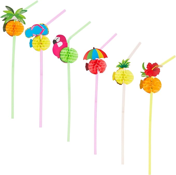 BLUE PANDA 100 Pack Tropical Hawaiian Straws for Cocktails and Margaritas, Luau and Summer Beach Party Supplies (6 Designs)