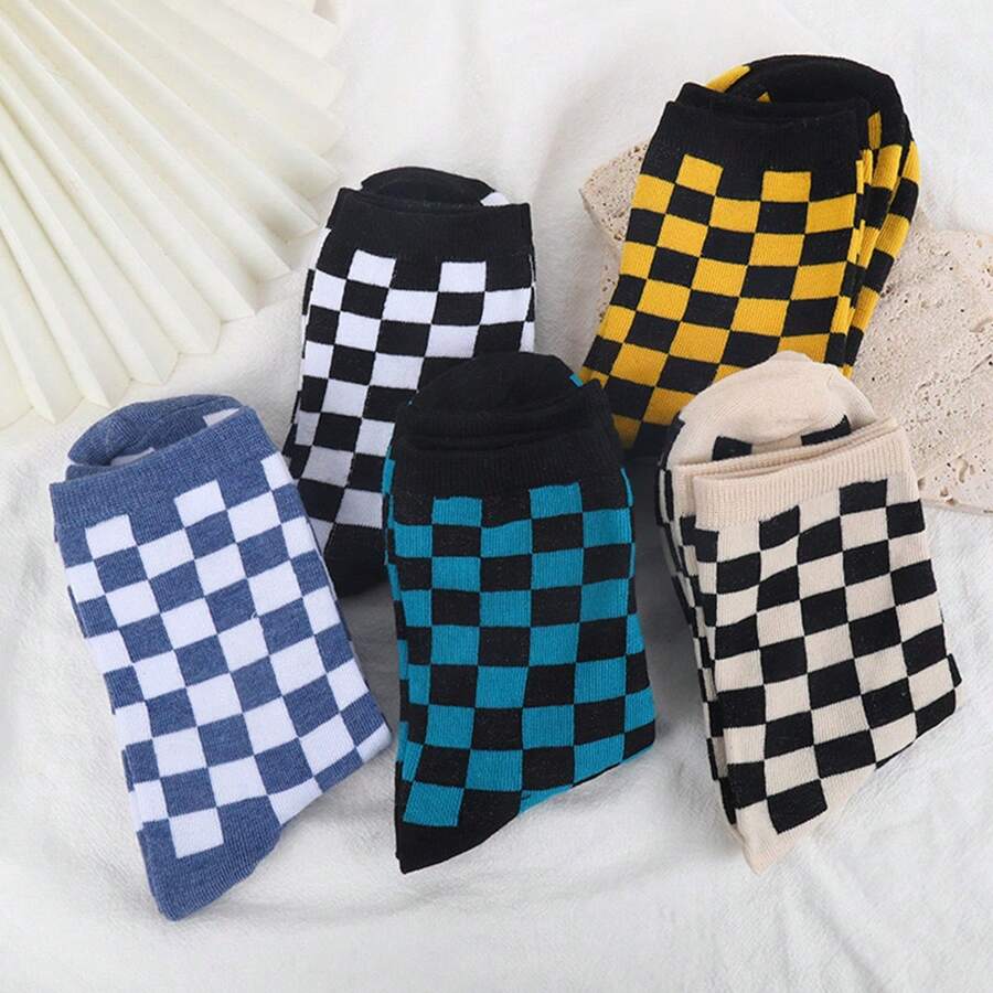 5pairs men's Minimalist Colored Checkered Mid-calf Socks