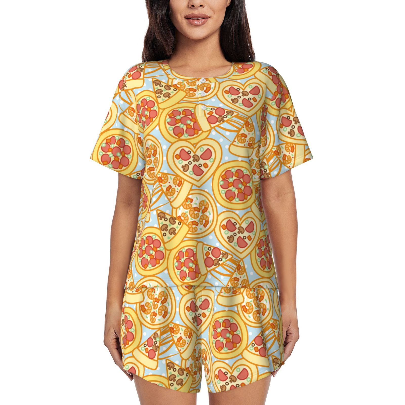 Qekee Cute Pizza In Various Women's Pajama Set Short Sleeve Sleepwear Summer Home Wear with Pockets Soft Short Sleeve Shirt - Cute Pizza In Various