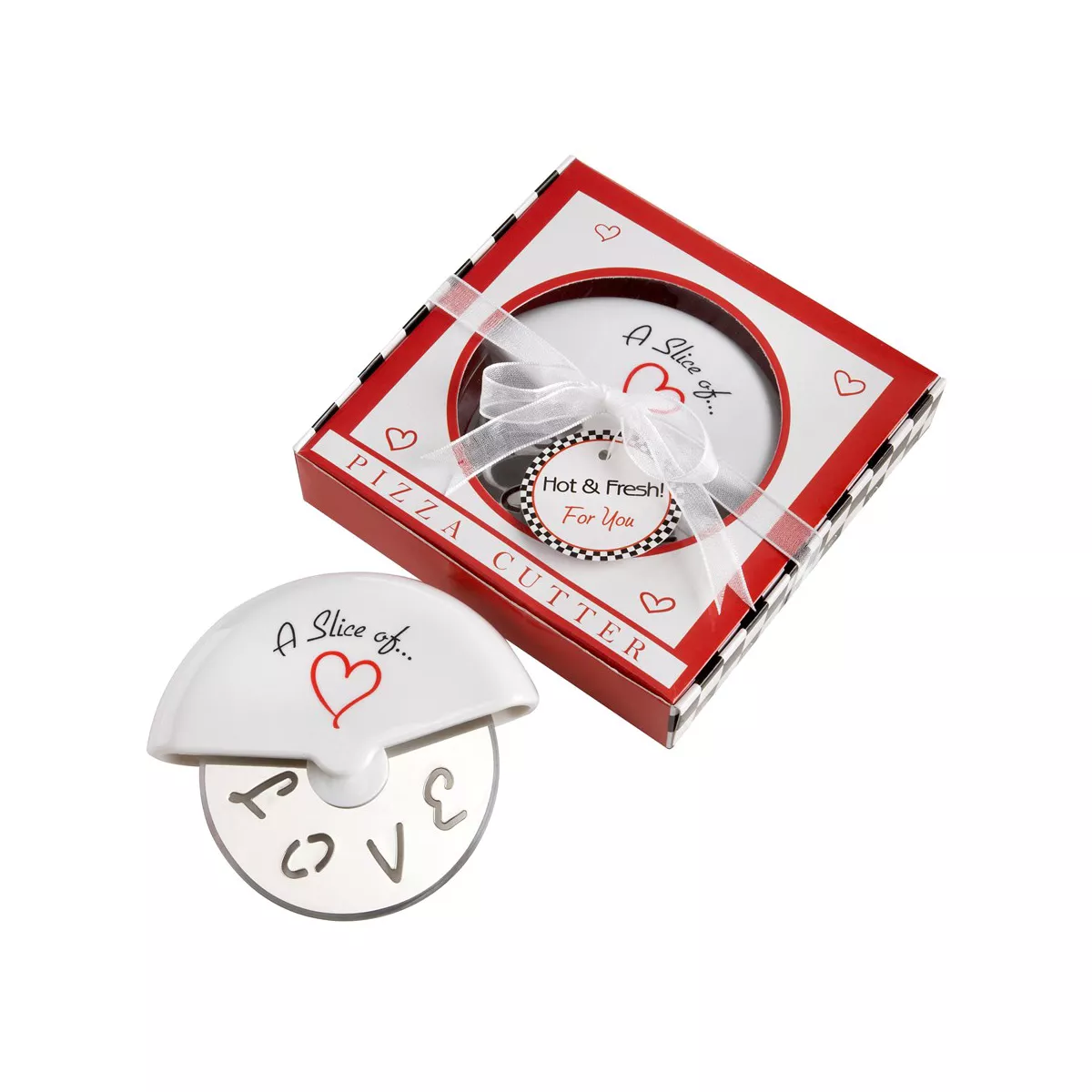 Kate Aspen "A Slice of Love" Stainless-Steel Pizza Cutter in Miniature Pizza Box, (Set of 4) | 13015NA