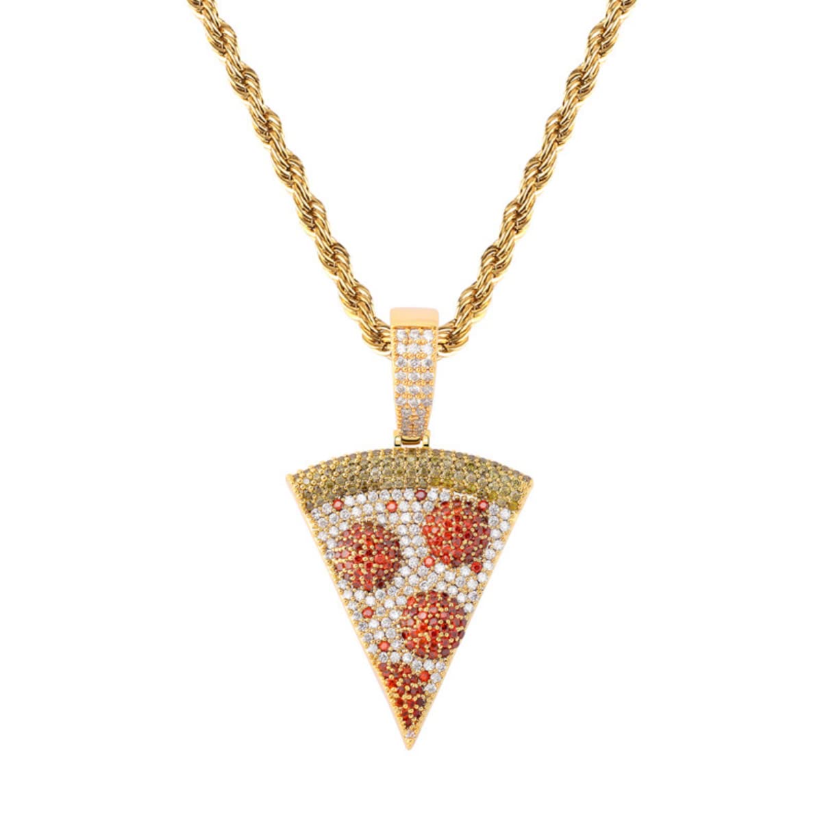 Jewelry Hip Hop Iced Out Exquisite Pizza Pendant Chain Pave Colorful Diamond 18K Gold Plated Solid Back Necklace with 24 Inch Stainless Rope Chain for Men Women