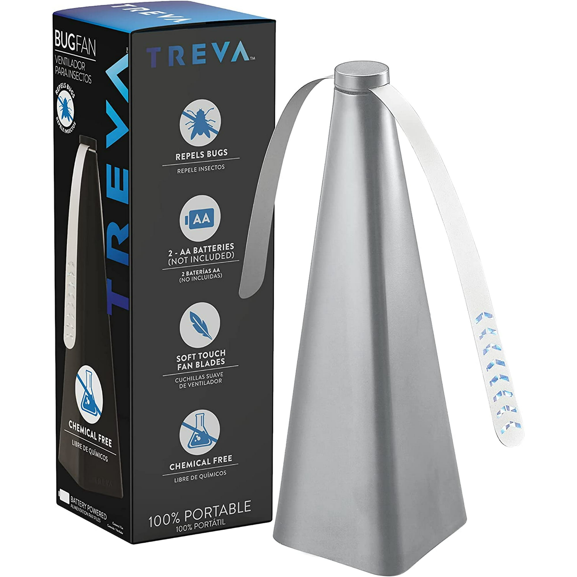 Treva Chemical Free Bug Fan Fly Deterrent with Holographic Blades to Clear Bugs, Mosquitoes, and Flies, Battery Powered Fly Fan - Silver