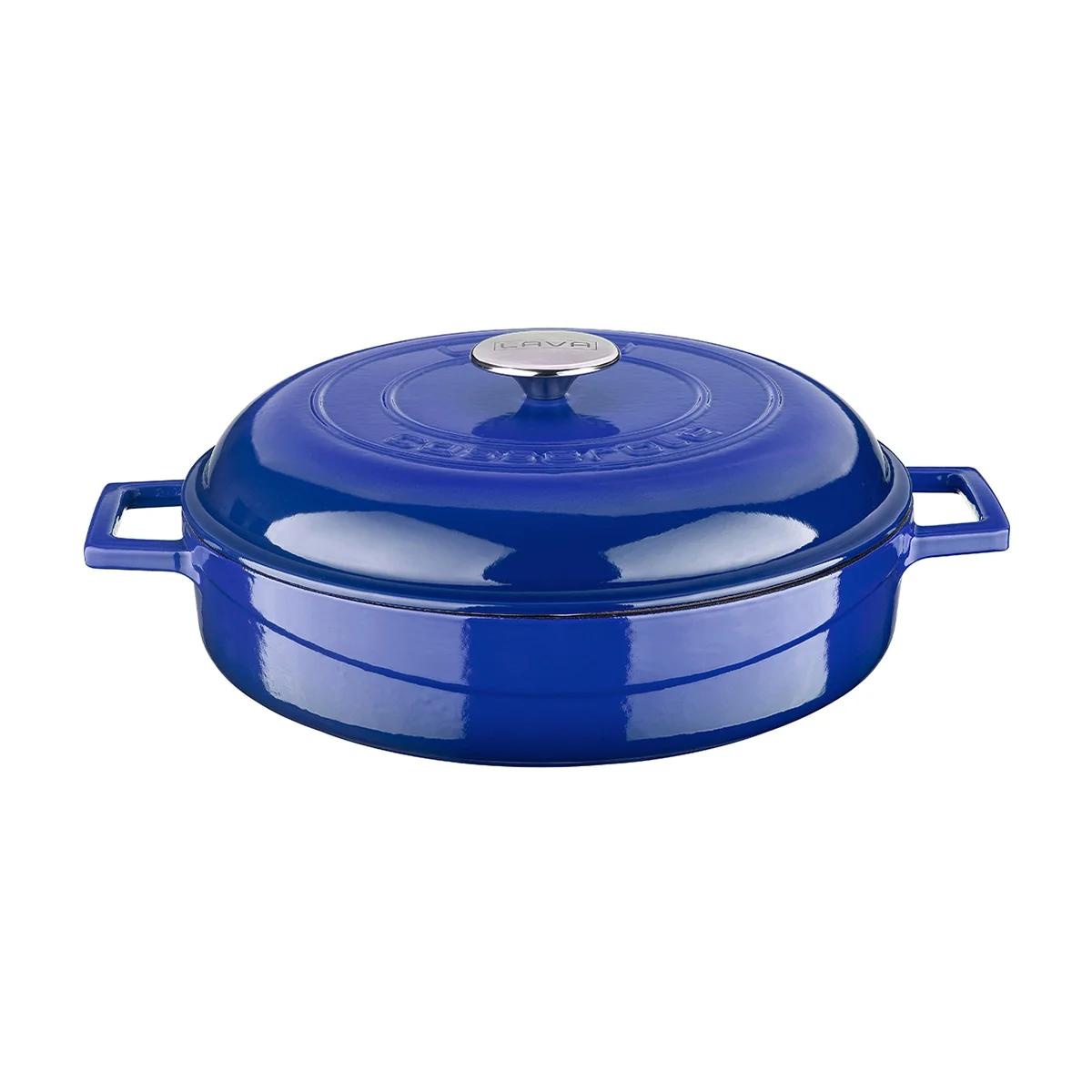 LAVA 3.7 Quart Enameled Cast Iron Braiser: Multipurpose Stylish Round Dutch Oven Pot with Glossy Sand-Colored Three Layers of Enamel Coated Interior and Trendy Lid (Blue)
