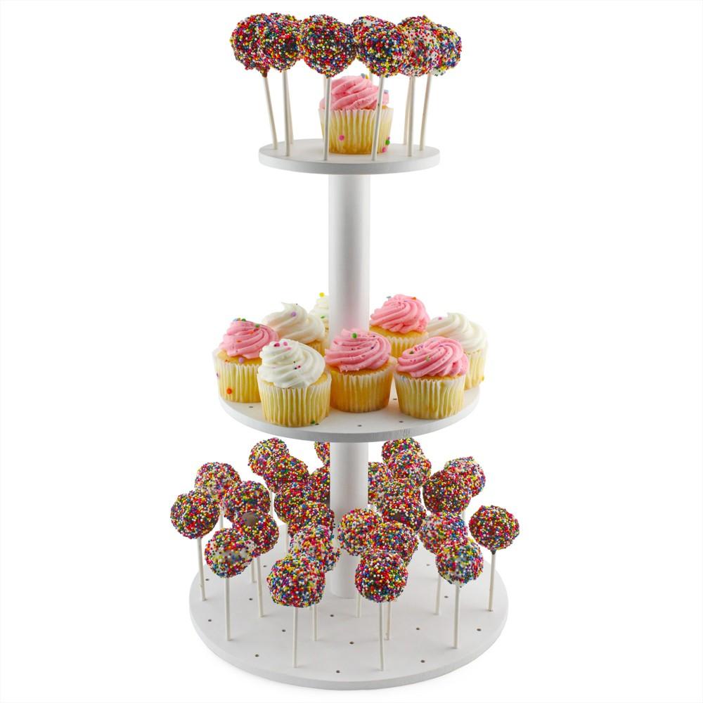 Darware 3-Tiered Cake Pop / Cupcake Stand; White Wooden Dessert Display for Parties and Special Events