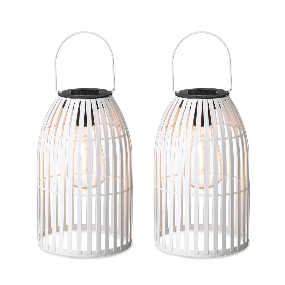 Glitzhome Set of 2 Metal Solar Powered Outdoor Hanging Lantern - White