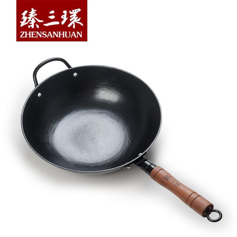 ZhenSanHuan Handmade Cast Iron wok no coating no Painting Flat Bottom Induction Suitable