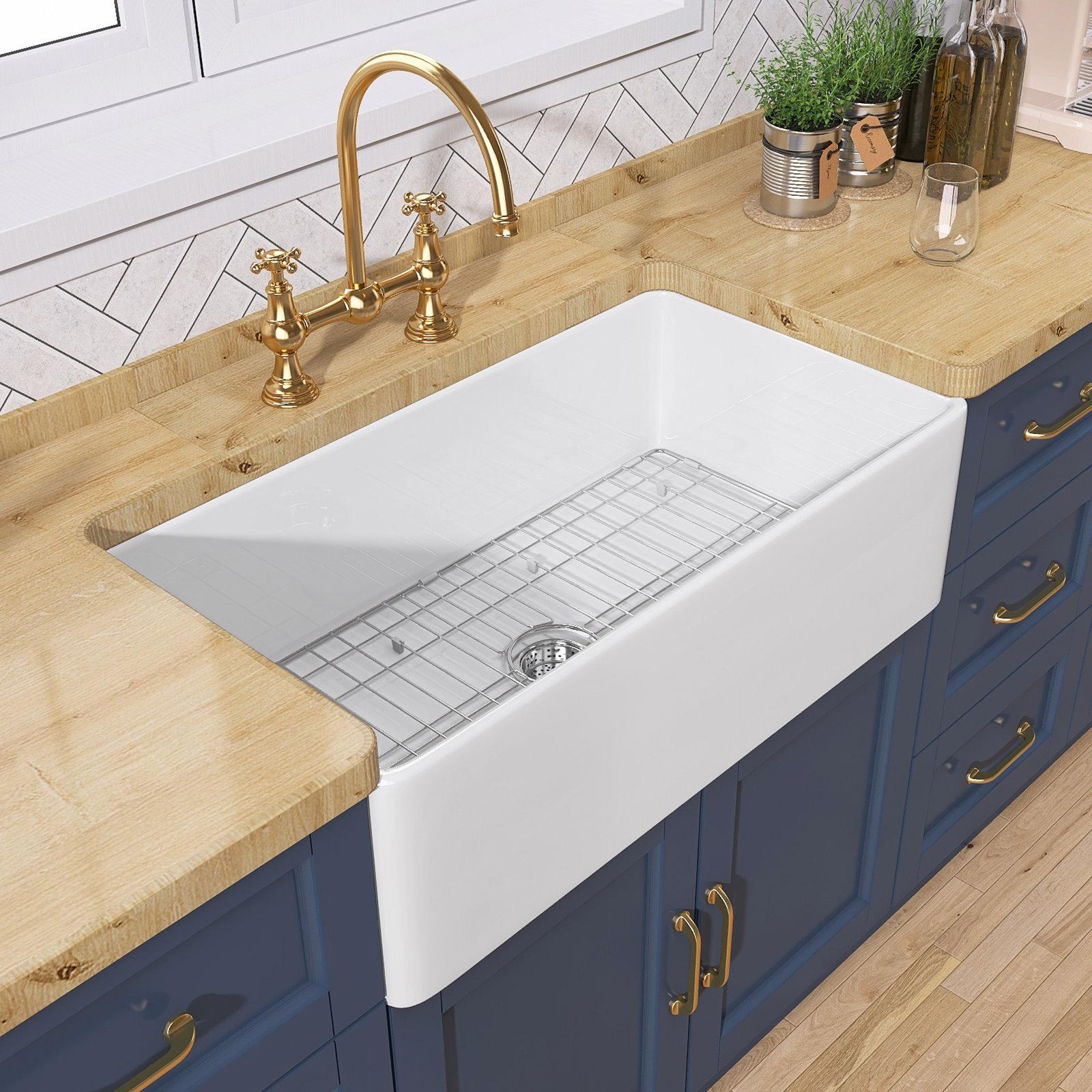 30" L x 18" W Fireclay Farmhouse Kitchen Sink with Custom Bottom Grid & Strainer Drain (Part number: 30" Farmhouse Sink)