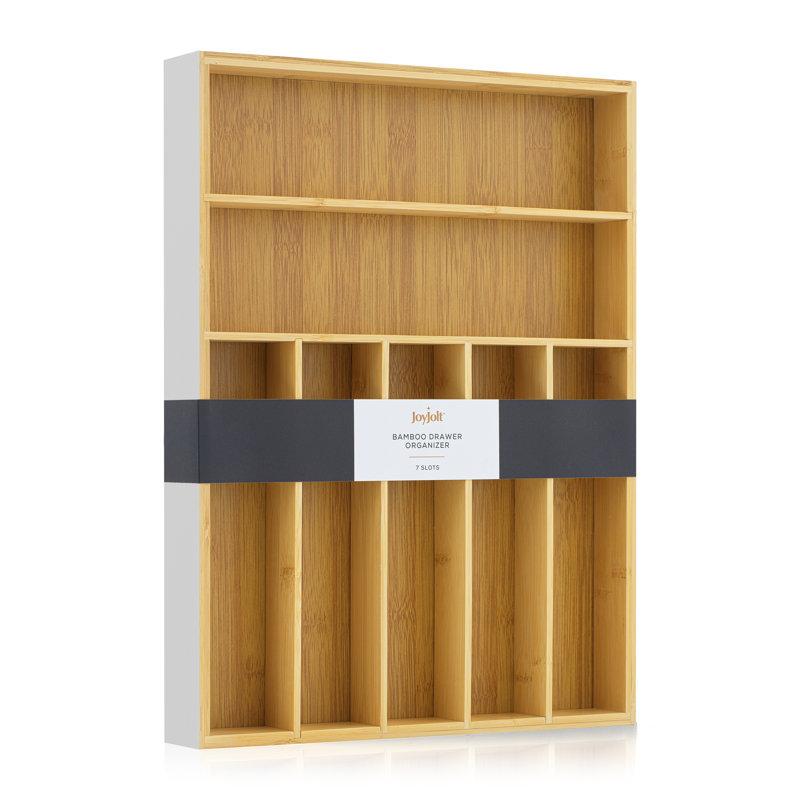 JoyJolt Bamboo 7 Slot Flatware Drawer Organizer for Kitchen Utensils
