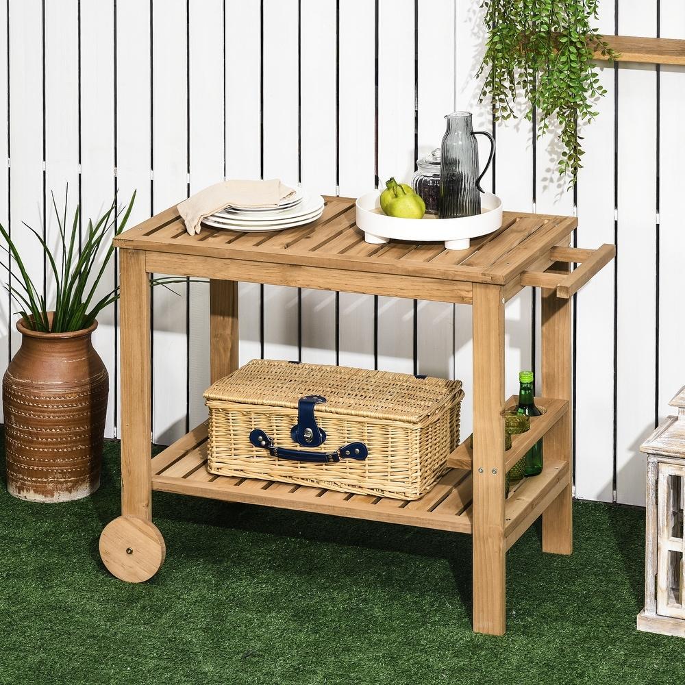 Outsunny Outdoor Bar Cart, Wood Rolling Home Bar & Serving Cart with 2 Shelves, Wine Bottle Holders for Garden