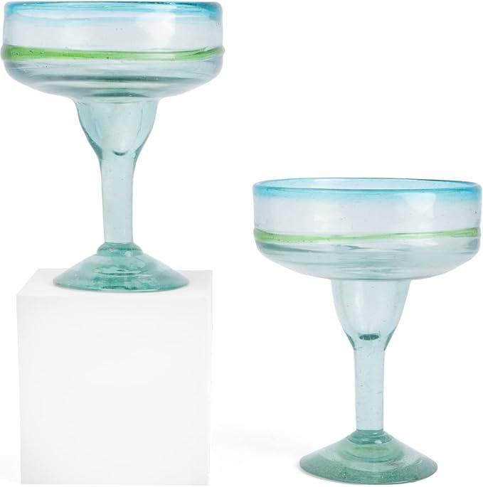 Mexican Glassware, Aqua Rims 16oz Margarita Glasses, Set of 2 Unique Hand Blown Glass