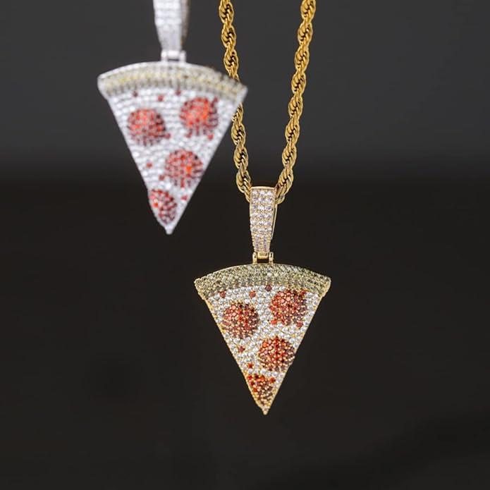 Jewelry Hip Hop Iced Out Exquisite Pizza Pendant Chain Pave Colorful Diamond 18K Gold Plated Solid Back Necklace with 24 Inch Stainless Rope Chain for Men Women