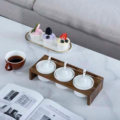 Acacia Wood Serving Tray With 3 Ceramic White Bowls Lids And Spoons, Wooden Chip And Dip Serving Condiment Set
