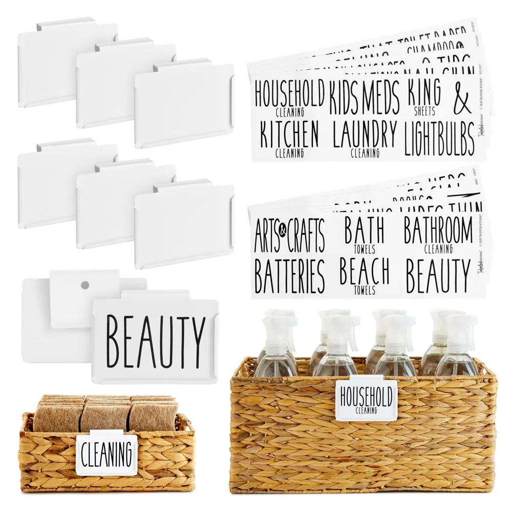 Talented Kitchen 8 Pack Metal Basket Labels Clip On Holders w/ 70 Household Labels for Storage Bins, Bin Clips Labels Tags for Organizing Home, White