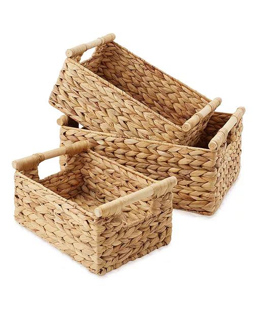 (Set of 3) Water Hyacinth Rectangular Storage Baskets with Wooden Handles - Small, Medium, Large Woven Nesting Baskets