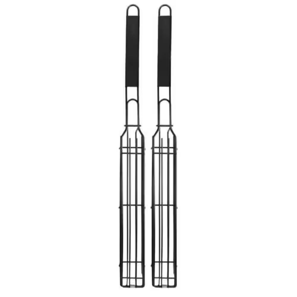 Carbon Steel Black Non-Stick Kabob Grill Basket with Hardwood Handle (Set of 4)
