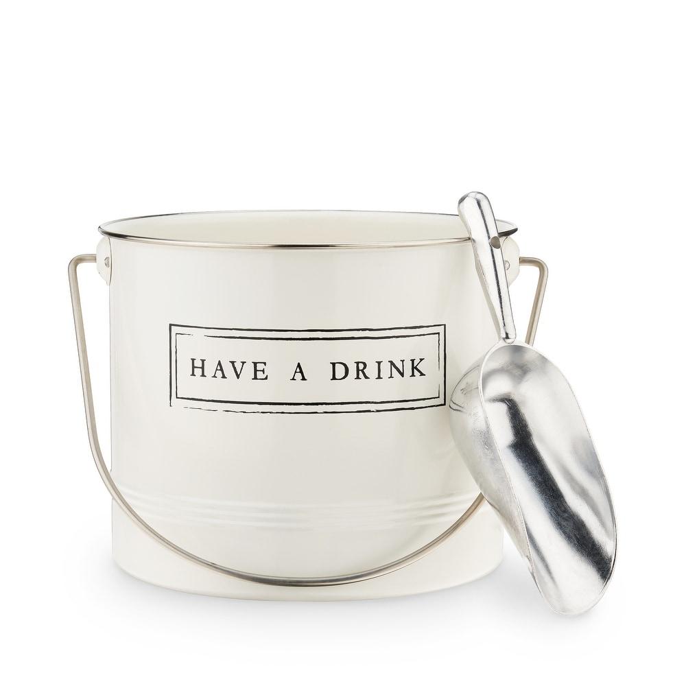 Twine Have A Drink White Enameled Metal Ice Bucket and Scoop, Wine Bottle And Beer Bottle Bucket, 1-Gallon Capacity