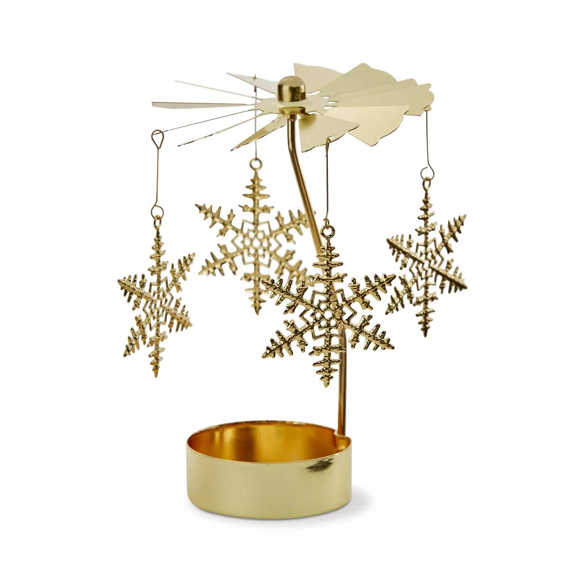 Christmas Snowflake Carousel Tealight Candle Holder Gold Metal