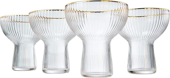 Ribbed Stemless Margarita, Martini & Champagne Glasses with Gold Rim - Set of 4 - Hand Blown Cocktail Luxury Coupe – Large Party, Elegant Ripple Design, Gilded, Premium Hand Blown Glassware (10 OZ)