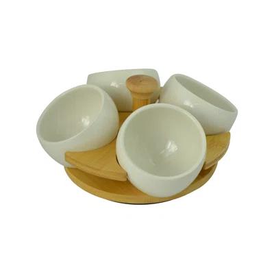 Ceramic Condiment Tray with 4 Bowls and Spinning Bamboo Tray with Handle