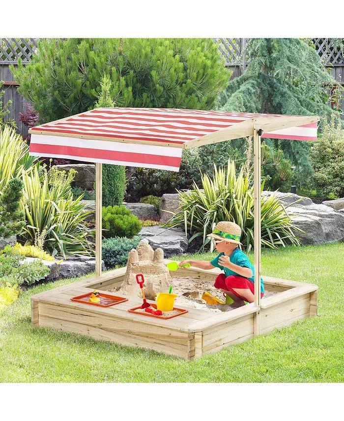 Kids Wooden Sandbox, Covered Children Sand Playset Outdoor, w/ Adjustable Canopy Shade, Bottom Liner, Seat, Plastic Basin, Aged 3-8 Years Old, for Backyard, Beach, Natural