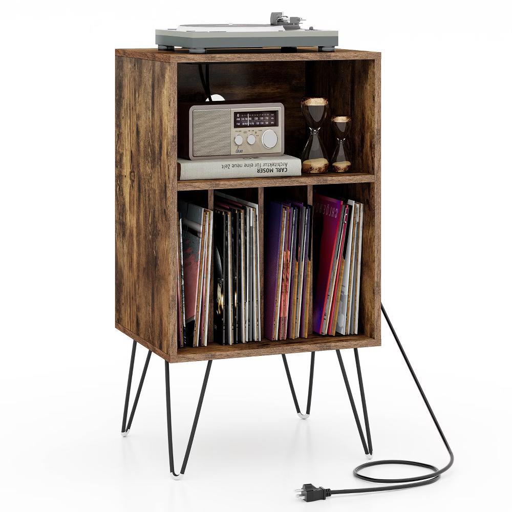 Tangkula Home Record Player Stand w/ Storage 3-Tier Vinyl Record Storage Cabinet Turntable Stand w/ Charging Station Open Shelf & 4 Dividers Rustic