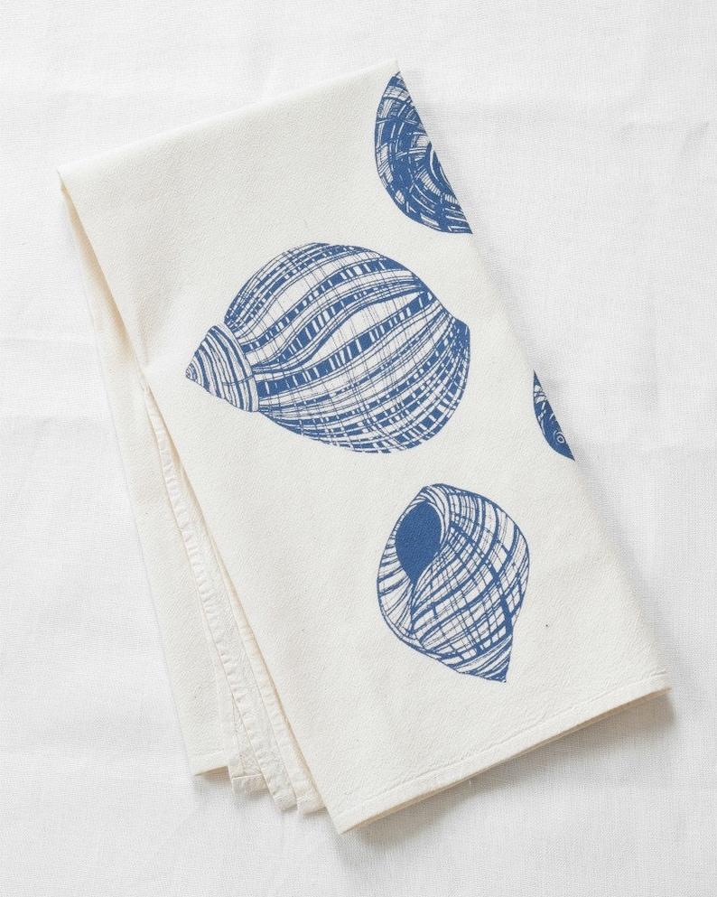 Tea Towel - Organic Cotton - Periwinkle Shell - Nautical Decor - Kitchen Towels - Organic Flour Sack Towel - Screen Printed - Tea Towels