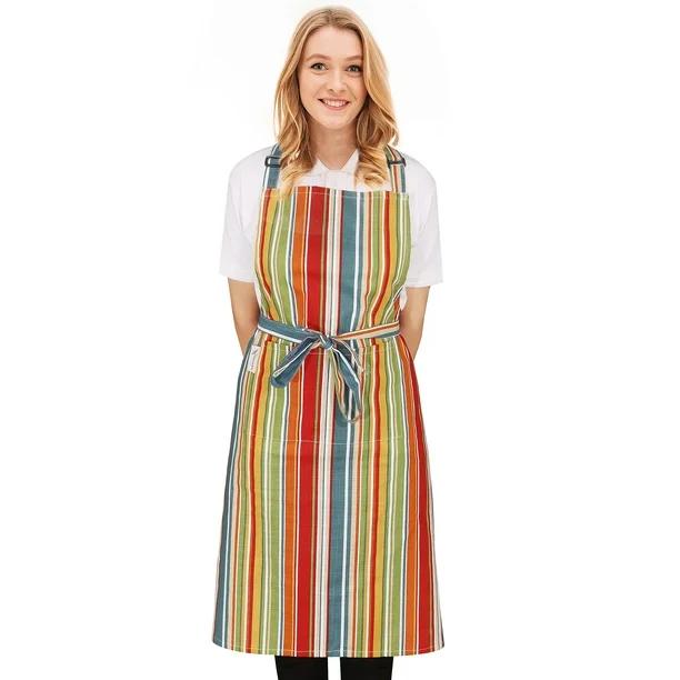 RUVANTI Aprons for Women with Pockets - Adjustable up to XXL - 100% Cotton - Cute Aprons for Cooking, Kitchen, Server, Barber, Restaurant, Chef Apron - 1 Pack - Red/Yellow Stripes