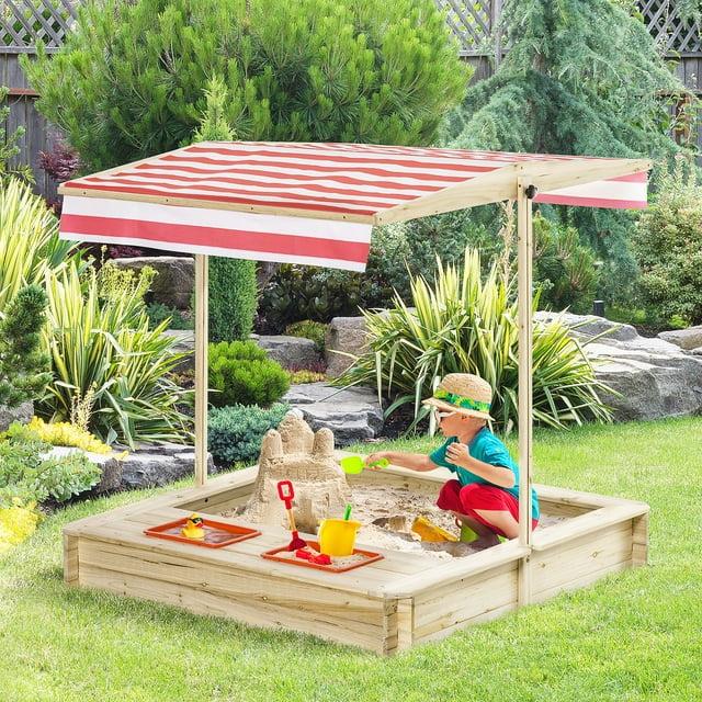 Outsunny Kids Wooden Sandbox, Covered Children Sand Playset Outdoor, w/ Adjustable Canopy Shade, Bottom Liner, Seat, Plastic Basin, Aged 3-8 Years Old, for Backyard, Beach, Natural
