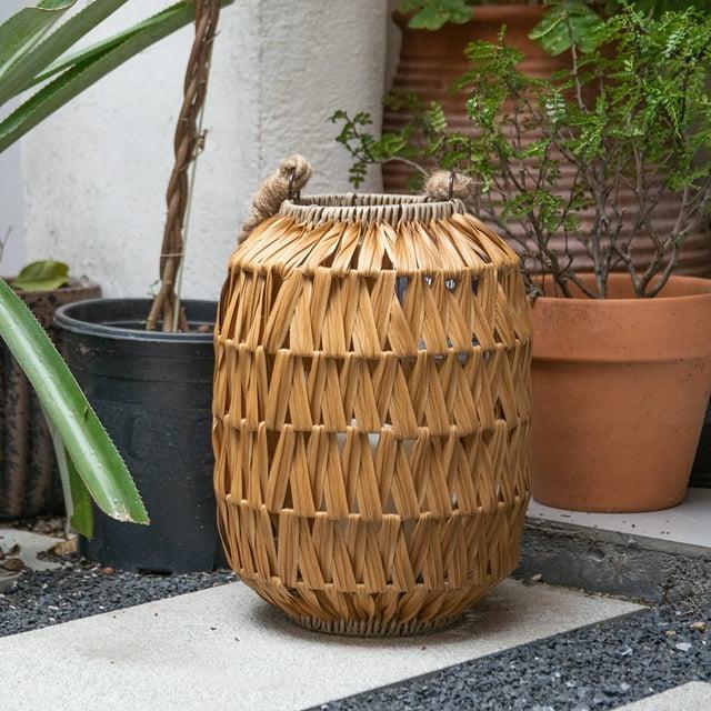 Natural Rattan Outdoor Lantern with Removable LED Candle and Burlap Jute Rope Handle Candle Hurricane Lantern - 22.4in Decorative Candle Lanterns