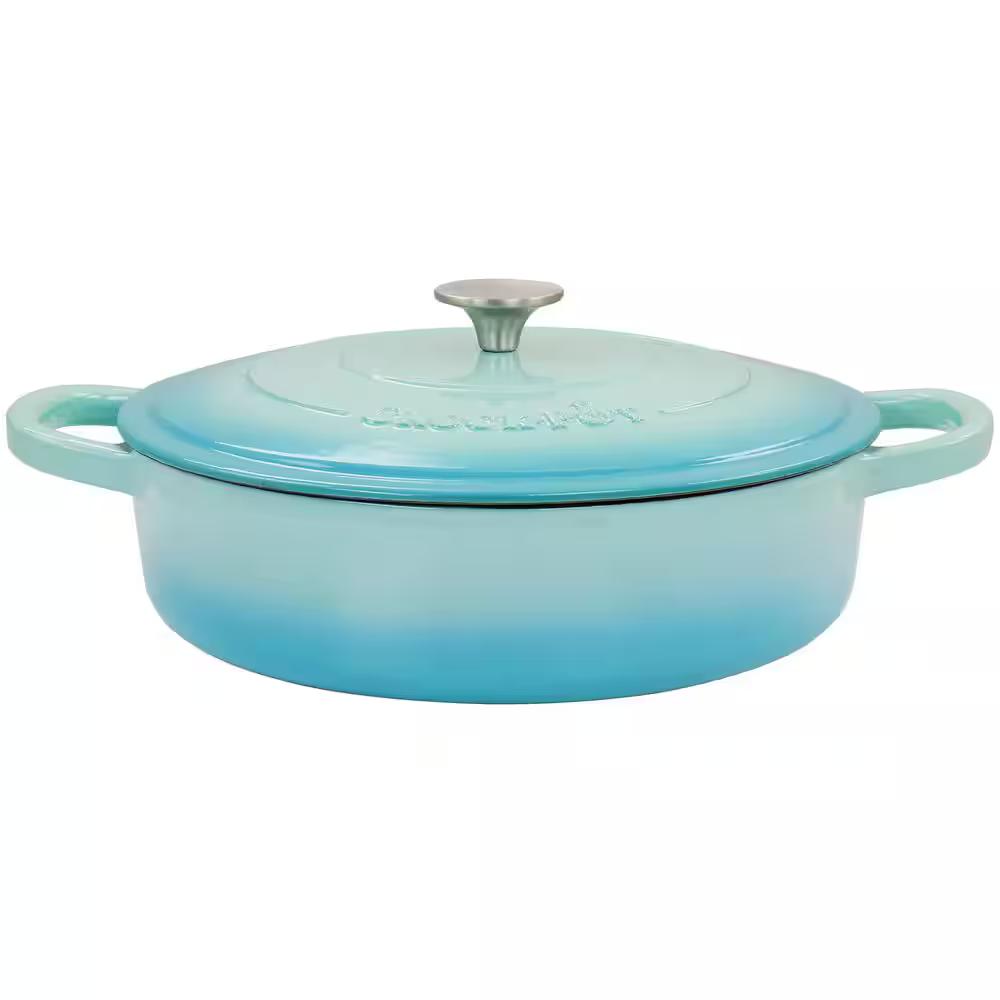 Artisan 5 qt. Gradient Aqua Blue Enameled Cast Iron Round Braiser Pan with Lid