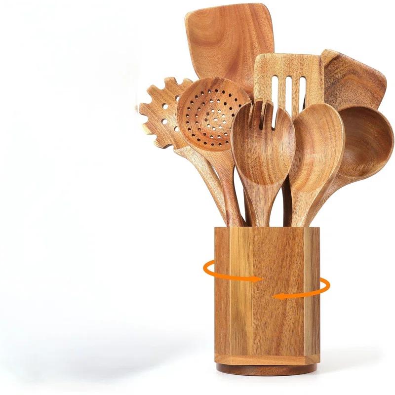 Utensil Cooking Spoon Set With Holder 9 Pcs Wooden Spoons