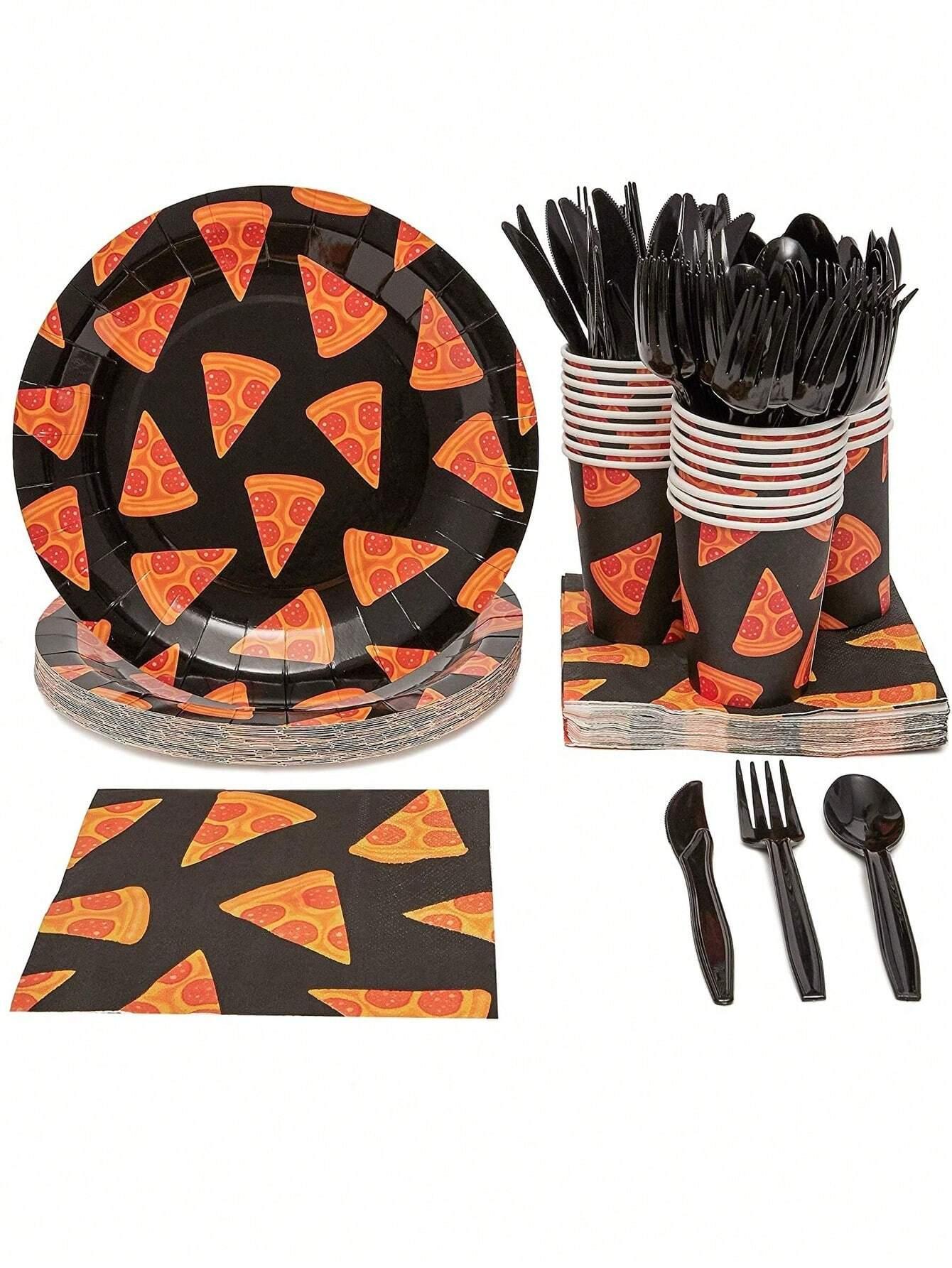 144 Pieces Pizza Party Supplies Pack Decorations, Dinnerware Set With Plates, Napkins, Cups, And Cutlery