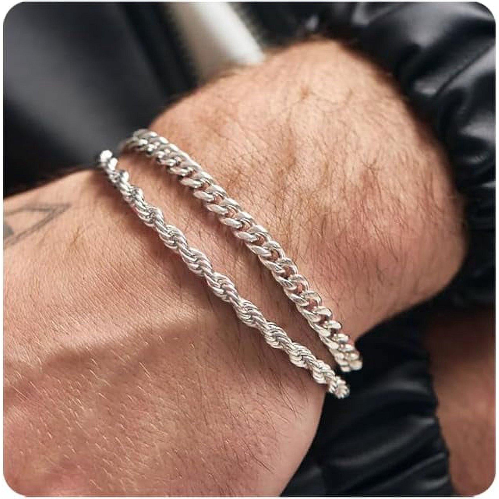 2 Pcs Chain Bracelet for Men - 925 Sterling Silver Bracelet for Men 7-9inch Figaro Rope Cuban Link Bracelet Set for Men to Men Dad Husband Silver-1217