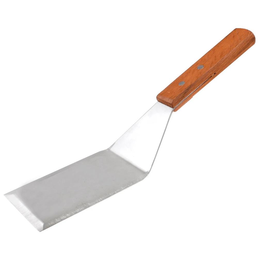 Wood Handle Silver Tone Stainless Steel Smooth Wide Spatula 11.2" Long