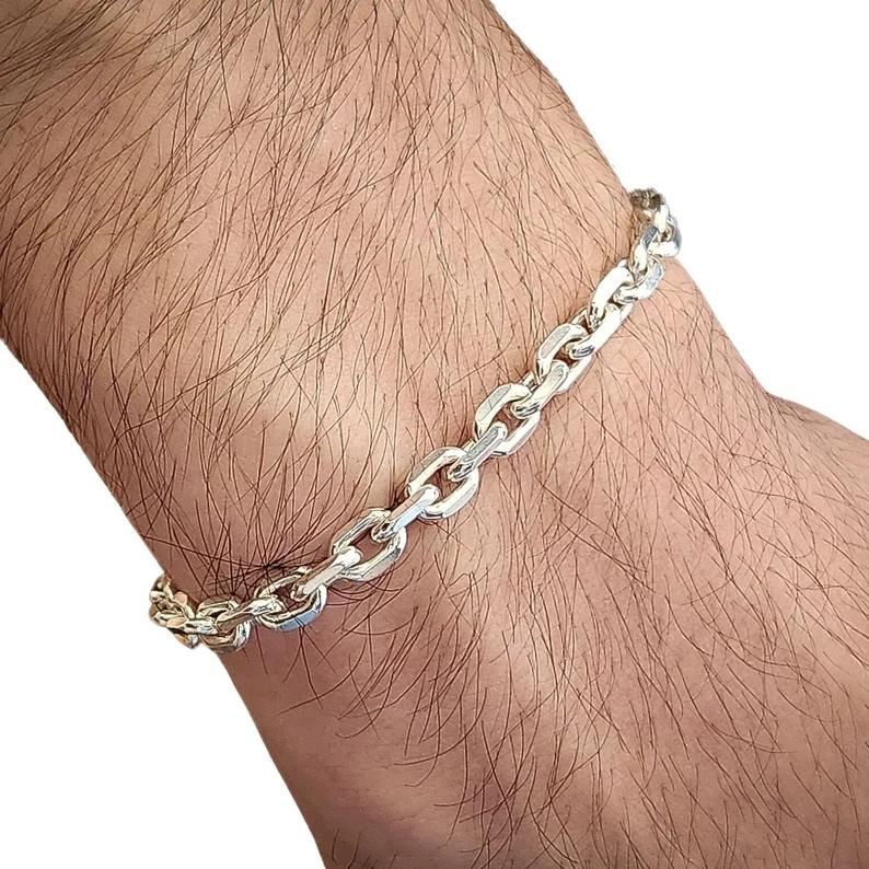 Sterling Silver Rolo Chain Bracelet,5mm Wide Chain Link Bracelet,Solid Silver,Polished Sparkling Finish,18k Gold Plate