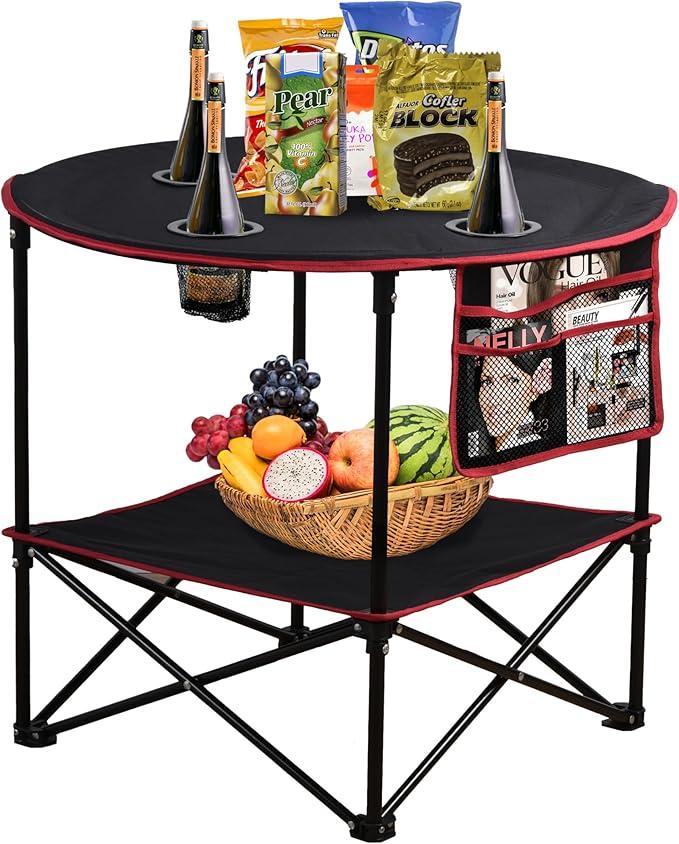 LEADALLWAY Camping Table Folding Picnic Table with 4 Cup Holders and Side Storage Bag