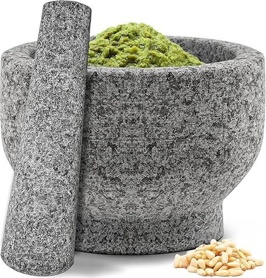 Heavy Duty 100% Granite Mortar and Pestle Set, Non-Slip Base, Make Fresh Guacamole at Home, Solid Stone Grinder Bowl, Herb Crusher, Spice Grinder, Unpolished Grey, 1.5 Cup, Grey