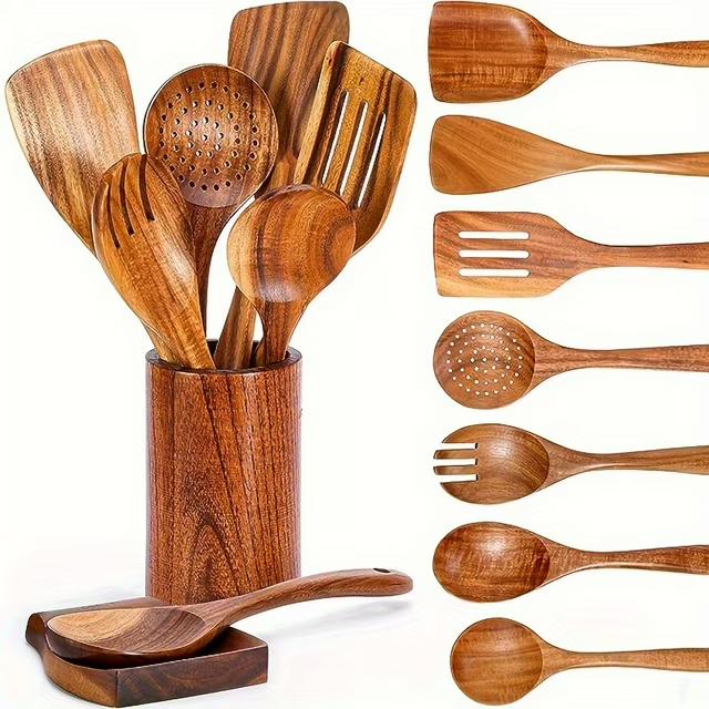 SUGARMOM 9-Piece Natural Teak Wooden Kitchen Utensil Set With Spoon Rest