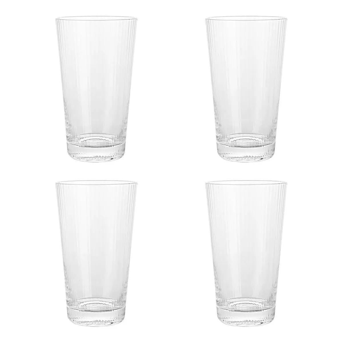 Elle Decor Ribbed Highball Glasses, Set of 4, 16oz Tall Drinking Glasses, For Gin and Tonics, Cocktails, and Juice, Stackable Vintage Style