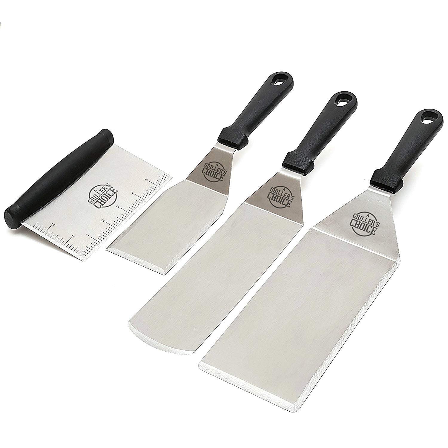 Griller's Choice – Stainless Steel Metal Spatula Set – Flat Metal Spatula, Griddle Scrapper, Hamburger Pancake Turner. Great Flat Top Grill Accessories & Outdoor Griddle