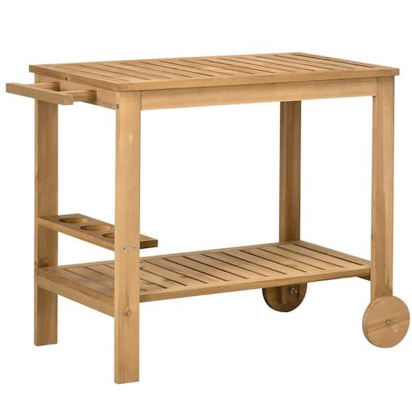 Outsunny Outdoor Wood Rolling Home Bar and Serving Cart with 2-Shelves, Natural