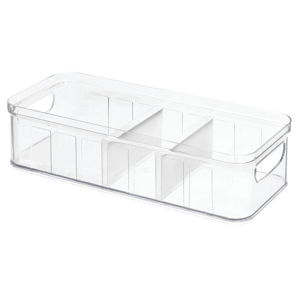iDesign Crisp Plastic Refrigerator Pantry Divided Bin with Handles, 14.8" x 6.3" x 3.7", Clear
