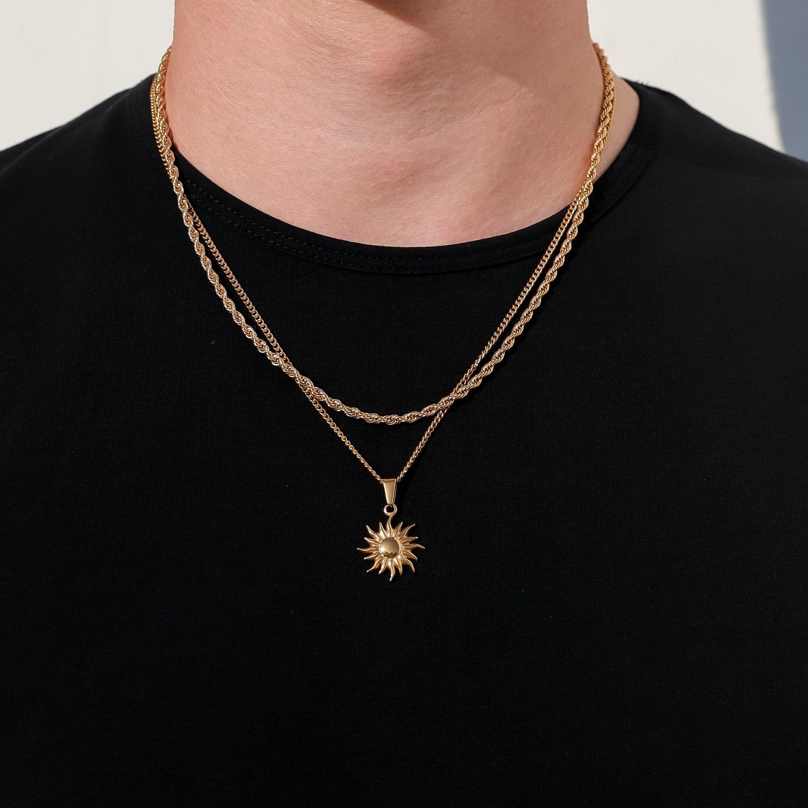 18k Gold Sun Pendant Necklace Mans Pendant Mens Necklace Mens Sun Star Pendant Waterproof Jewelry Gift for Man Boyfirnd Gift for Him