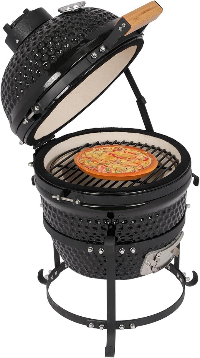 Outvita Ceramic Grill, 13" Round Kamado Charcoal Grill, Portable Barbecue Grill with Thermometer for Variations on Cooking Methods(Black)