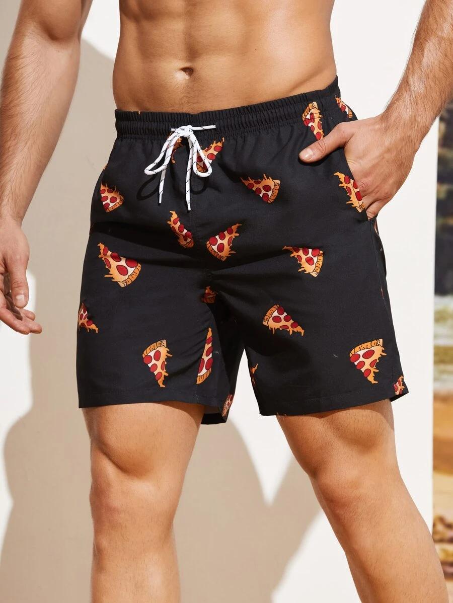 Manfinity Swimmode Men Random Pizza Print Drawstring Waist Swim Trunks